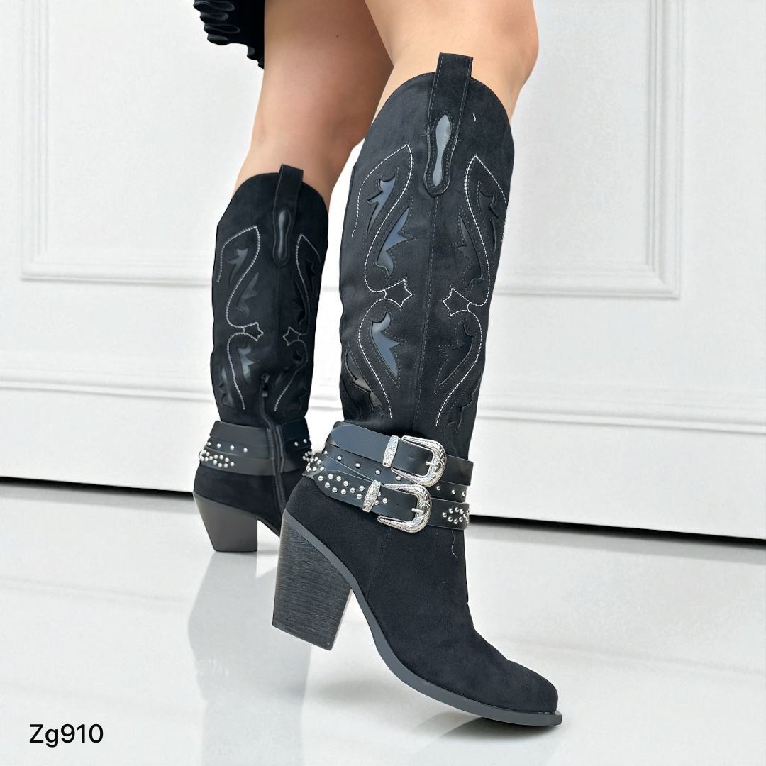 Bota texana negro detalles correas plateado tacon 8cm A9981 C-20